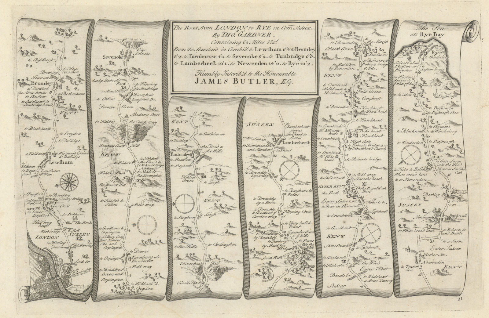 London-Lewisham-Bromley-Sevenoaks-Tonbridge-Rye. GARDNER road map #31 1719